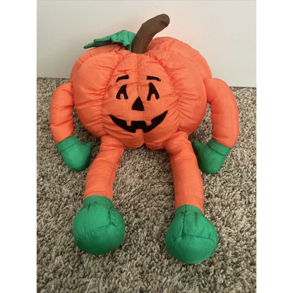 Vtg 90’s Halloween Fall Decor Pumpkin Puffy Nylon Stuffed 8” Plush Long Legs